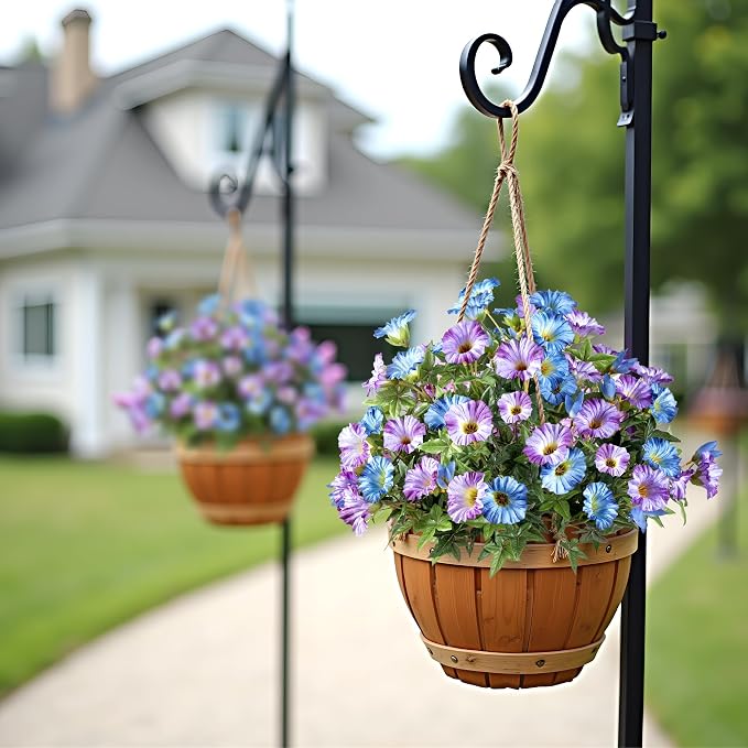 Blue Purple Artificial Morning Glory Flowers for Outdoor Planters, Premium UV Resistant Silk Faux Flowers for Porch, Hanging Basket & Window Box, Cottage Garden Decor, No Pot, 13.3 Inch, 4 Bundles