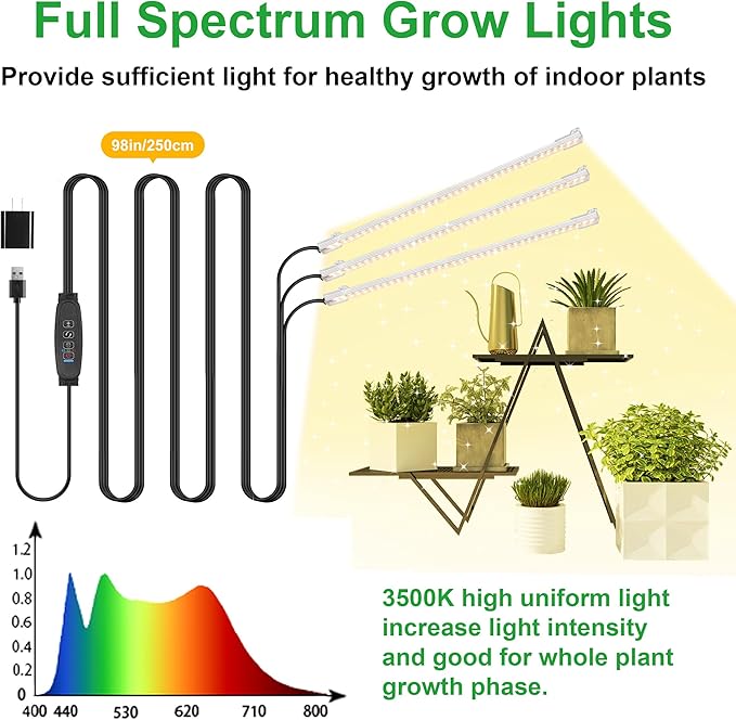 RWNTAO 13 Inches LED Grow Light Strips for Plant Shelf, 3500K Full Spectrum Plant Growing Lights for Indoor Plants, 144 LEDs Plant Lamp with 10 Dimmable Levels and 3/9/12H Timer, 3 Head