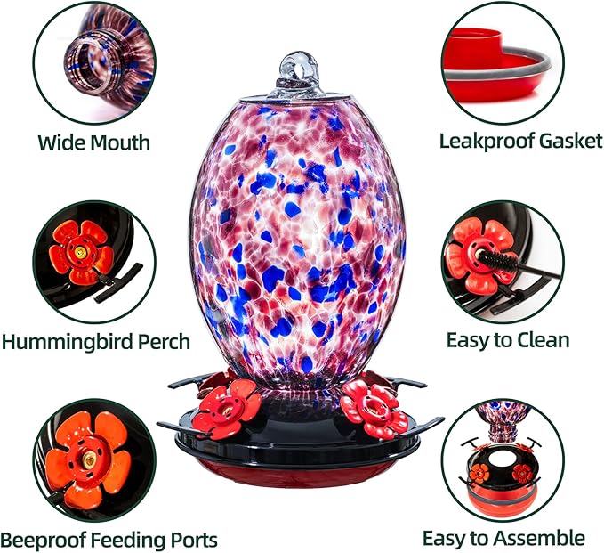 Muse Garden Glass Humming Bird Feeders for Outdoors - 27OZ Blown Glass Hummingbird Feeder - Unique Gift Mom Women Grandparents, Outdoors Hanging Garden Decor, Includes Ant Moat & Brush, Purple