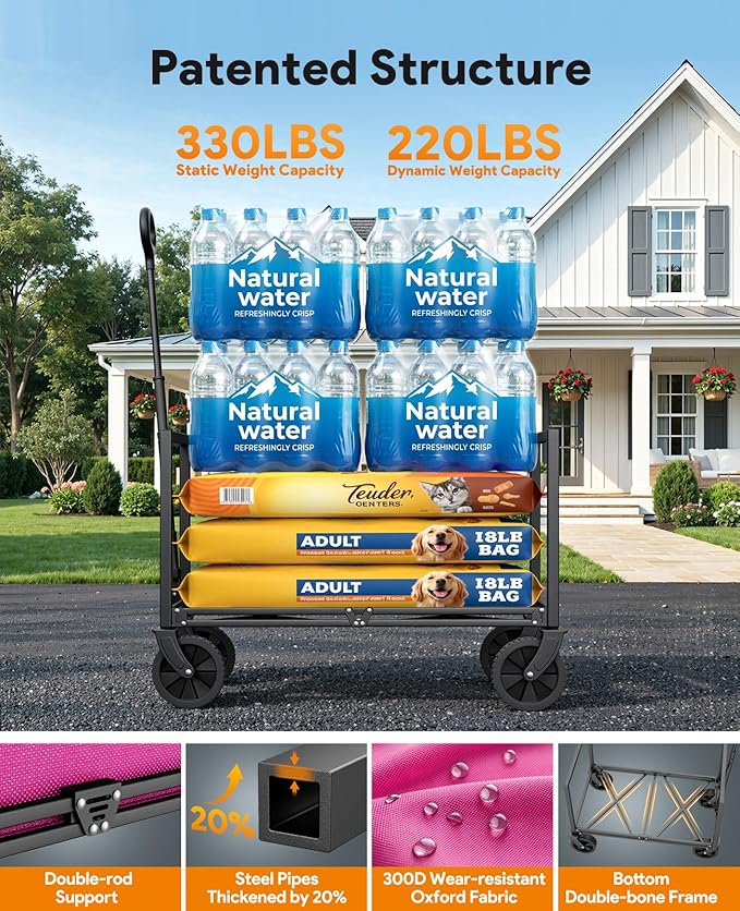 Wagons Carts Foldable, Collapsible Wagon Cart Foldable, 220LBS Heavy Duty Folding Wagon Carts with Wheels, Portable Utility Cart for Grocery Sports Garden Shopping Camping, Pink
