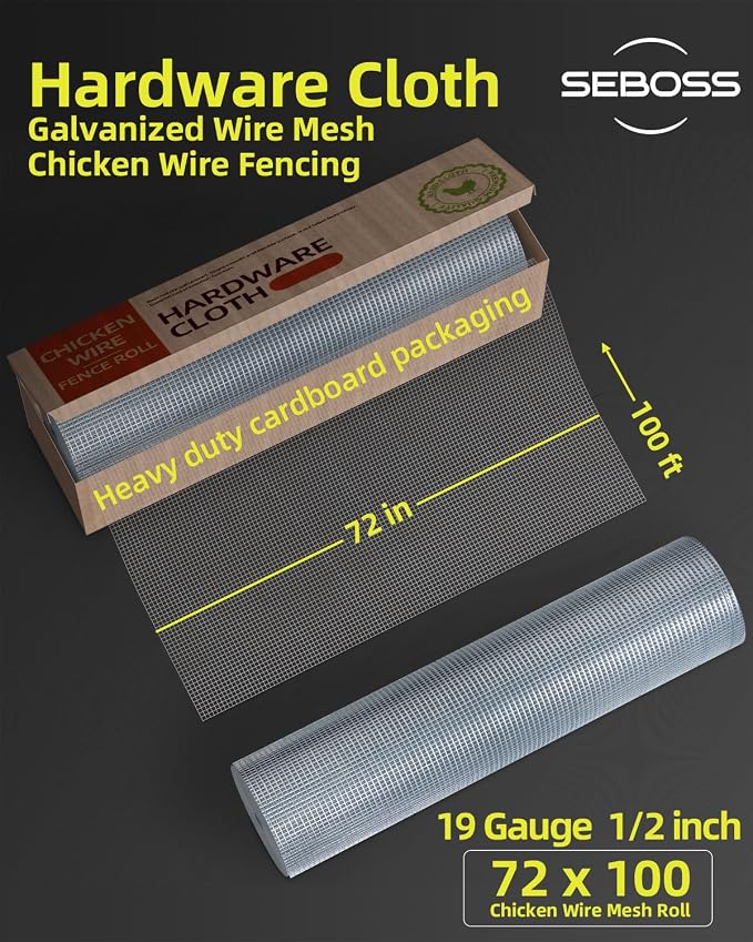 SEBOSS Hardware Cloth 1/2 inch Mesh 72 in x 100 ft 19 Gauge, Hot-dip Galvanized After Welding, Chicken Wire Fencing Garden Fencing Wire Mesh Roll Welded Wire Fence Roll