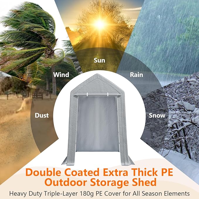 Heavy Duty Carport Canopy with Metal Frame, 8x14 ft Portable Garage & Outdoor Storage Shed, Waterproof PE Cover, Roll-Up Zipper Door, Car Port Shelter for Motorcycle, Bike, Tools, Firewood, Grey