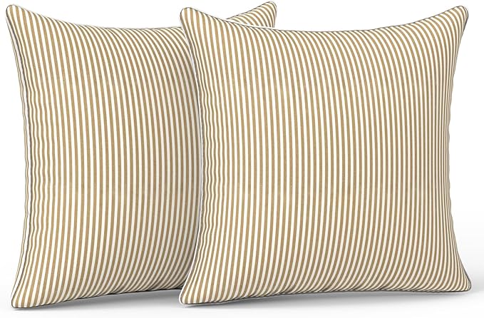 LVTXIII Outdoor/Indoor Throw Pillows, Decorative Patio Accent Pillows, Fluffy Water Repellent Garden Cushions for Home Patio Coach Sofa Use, 20×20 Inch, Pack of 2, Strip Beige