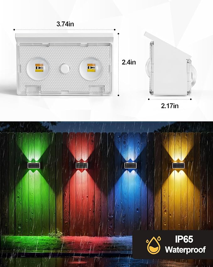 Bridika Solar Fence Lights, 8 Pack Up and Down Solar Lights Outdoor Waterproof, 8 Colors Lens LED Dusk to Dawn Wall Lights for Fence, Patio, Deck, Backyard, Garden White