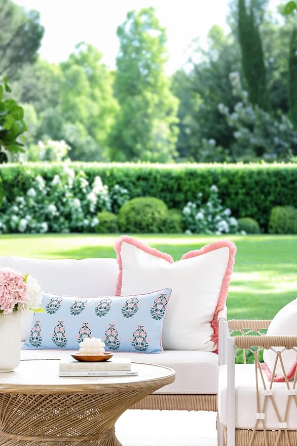 Hofdeco Premium Coastal Grandmillennial Patio Indoor Outdoor Lumbar Pillow Cover Only, 12"x26" Water Repellent for Backyard, Couch, Poolside, Baby Blue Pink Print Flower