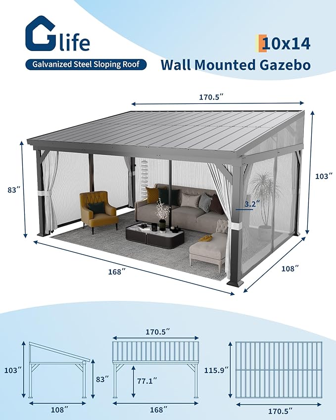 10'x14' Wall-Mounted Lean-to Gazebo with Galvanized Steel Roof, Gutters & Sliding Netting/Curtains – Hardtop Metal Pergola Canopy for Patio, Backyard, Garden, or Carport – Weather-Resistant & Durable