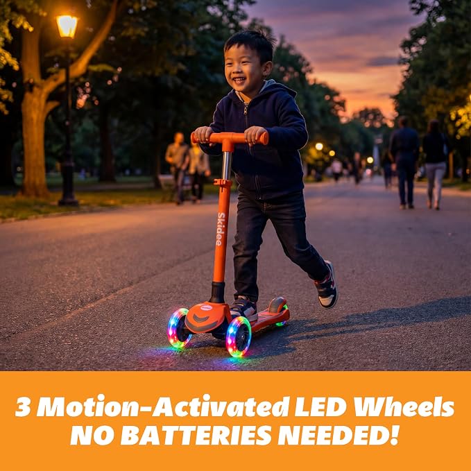 SKIDEE Kick Scooter for Kids Ages 3-5 | Foldable 3 Wheel Scooter with Lean-to-Steer, Adjustable Height, Removable Seat & LED Light Wheels | Toddler Scooter Up to 12 Year Old Boys/Girls