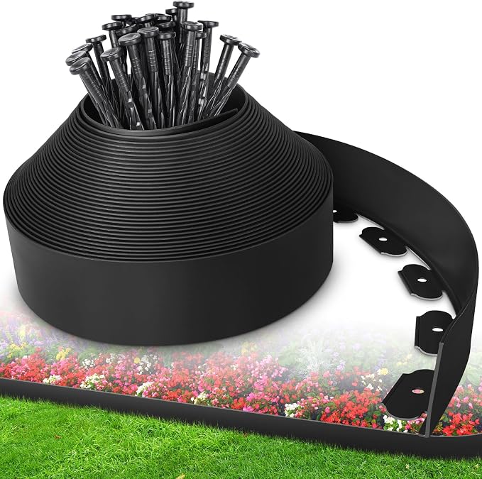 4-Inch x 100 FT Landscape Edging Border with 150 Stakes, Plastic Garden Edging Border Kit, Flexible No Dig Lawn Edging Border for Garden Flower Beds Yard Pathway Paver (Black)