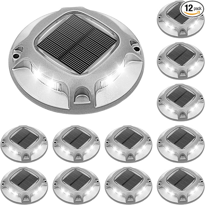 VOLISUN Solar Driveway Lights Dock Deck Lights 12 Pack,2 Colors in 1 Led IP67 Waterproof Outdoor Warning Step Lights for Driveway Sidewalk Pathway (White/Blue)
