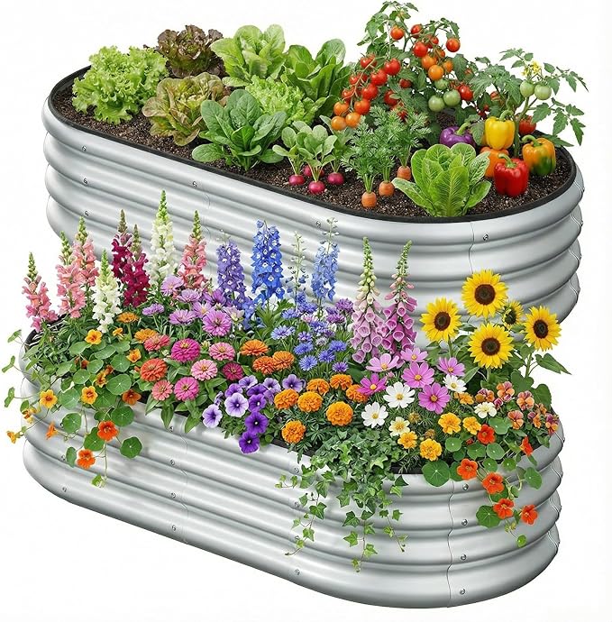 2PCS 4x2x1 FT Oval Metal Raised Garden Bed Kit, Elevated Garden Planter Box Outdoor, Trough Planter for Outdoor Plants, Flower, Vegetables, Fruit, Herbs (Silver)
