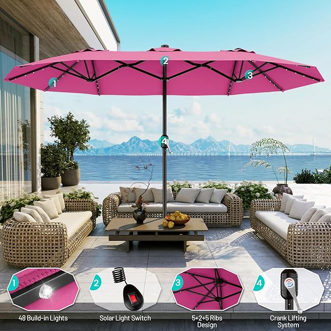 AreShark 13 FT Patio Umbrella with Solar Lights, Double-Sided Outdoor Table Umbrellas with Crank, Large Rectangular Market Umbrella for Porch, Lawn, Pool, Backyard, Rose Pink