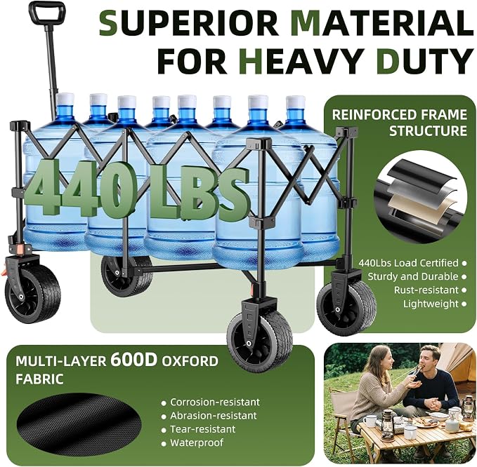 EAYNON 38" L Collapsible Foldable Extended Wagon,440lbs Weight Capacity with 220L Heavy Duty Folding Cart, Utility Wagon with Side Storage Pockets& Drink Holders,Black