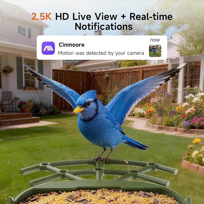 Smart Bird Feeder with Camera - Solar Powered, AI Bird Recognition, 2.4G WiFi 2.5K HD Video Live Stream, Full Color Night Vision, Instant Arrival Alerts, Weatherproof Bird House for Outside
