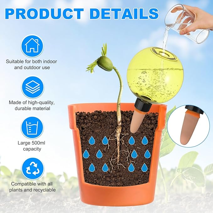 M METERXITY 4-Pack Plant Self Watering Globes, 6.7 oz Plastic Bubble Water Bulbs Top Fill for Indoor/Outdoor Plants, Self Watering Spikes Slow Release Terracotta [Yellow]