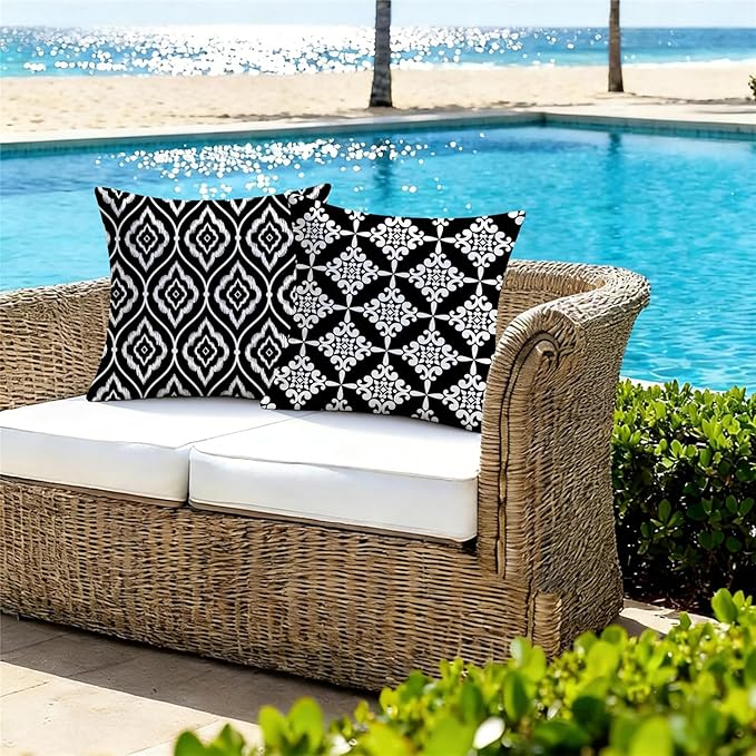 Outdoor Waterproof Throw Pillow Covers 18x18 Set of 4 Black Aesthetic Boho Decorative Cushion Cases for Patio Furniture Garden Porch Bench Couch Sunbrella