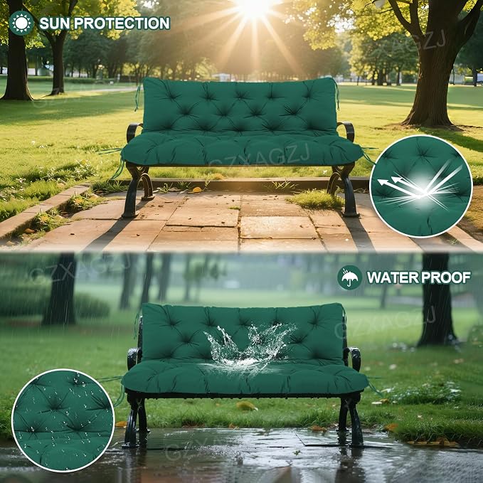 Outdoor Swing Cushions 48 inch Waterproof Porch Swing Cushions 2-3 Seater Replacement with Backrest and Ties Swing Bench Cushions for Outdoor Furniture Patio Porch Backyard Garden(Dark Green)
