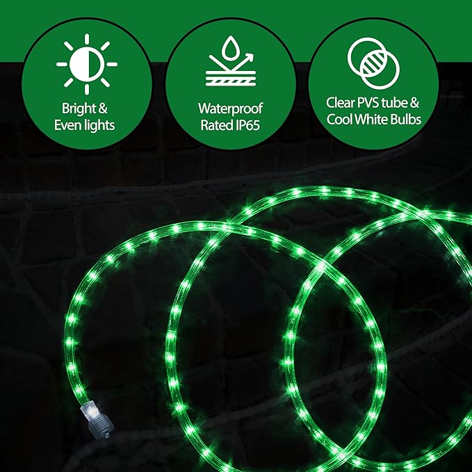 Tupkee LED Rope Light Green - for Indoor and Outdoor use, 24 Feet (7.3 m) - 10MM Diameter - 144 LED Long Life Bulbs Rope Tube Lights