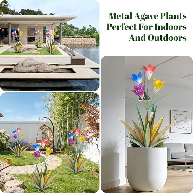 TOMBABY 32.28 Inch Metal Agave Plant Outdoor Decoration Lily Mexican Yard Art Garden Gift Home Decor Hand Painted Metal Agave Garden Yard Statue (1pc, Grass Green)