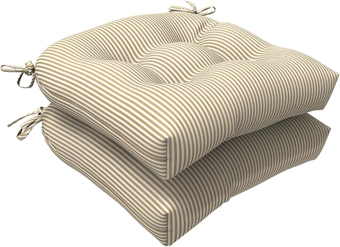 LVTXIII Outdoor Seat Cushions Seasonal Tufted Chair Cushions, Patio Chair Pads for Dining Chairs, Office Armchairs and Garden Furniture Decoration (Round Back, 19”x19”x4”, Stripe Beige, 2 Pack)