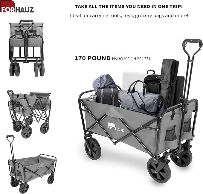 ForHauz Folding Collapsible Heavy Duty Wagon Cart with All-Terrain Wheels for Outdoor Utility, Beach and Garden, Gray