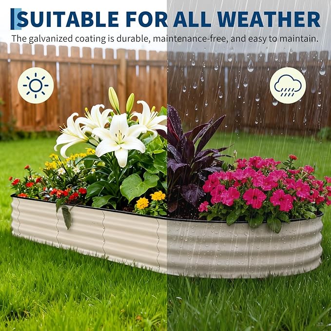 GarveeLife 8x4x1.5 ft Galvanized Raised Garden Bed - 18“ Tall Metal Planter Box for Vegetables, Flowers, Herbs, Rust-Resistant Outdoor Garden Box, Easy Assembly Raised Beds for Gardening, Beige