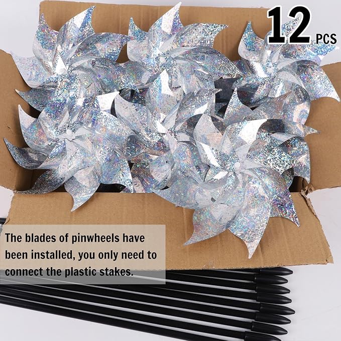 Hausse 12 Pack Reflective Pinwheels with Stakes (Pre-Assembled), Extra Sparkly Pin Wheel for Garden Decor, Bird Repellent Devices Deterrent to Scare Birds Away from Yard Patio Farm, Silver