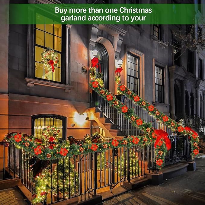 Christmas Garland,Christmas Garland with Lights Battery Operated,9 ft Rattan Artificial Flower Vine Plants Xmas Decorations for Indoor Outdoor Home Mantel Fireplace Stairs