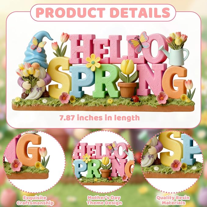 Simgoing 1 Pack Hello Spring Table Decoration Resin Spring Gnome Decorations for Home Pastel Flower Table Sign Festive Floral Statue Tabletop Centerpiece for House Tabletop Tiered Tray Fireplace Decor