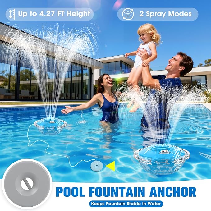 2026 Upgraded Pool Fountain,Rechargeable Pool Water Fountain with Light,Floating LED Pool Fountain,4FT Spray Swimming Pools Fountains Pump for Above Ground & Inground Pools Fountains-Blue