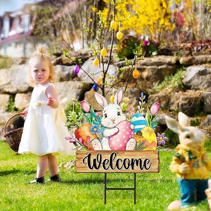 JarThenaAMCS Easter Metal Garden Stake Welcome Yard Sign Watercolor Bunny Rabbit Egg Floral Decorative Lawn Sign for Spring Home Outside Lawn Porch Walkway Pathway