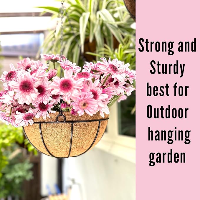 LaLaGreen Bundle- 3 Pack, 12 Inch Hanging Basket with Coco Liner + 10 Pack, 16.5 Inch Decorative Garden Fence Outdoor Landscape Edging Metal Wire Round Flower Holder Balcony Porch Patio Garden Decor