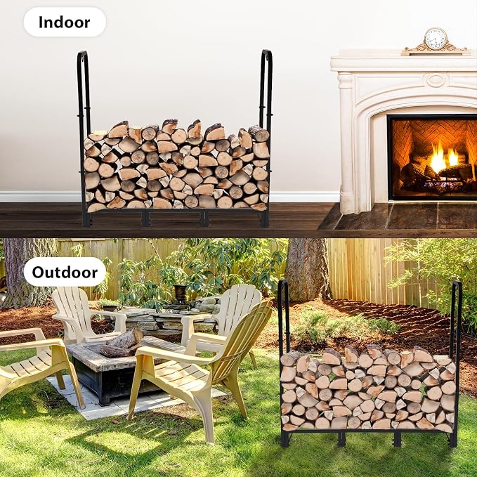 4FT Firewood Rack Outdoor with Cover, Heavy Duty Wood Holder with Log Carrier, Adjustable & Waterproof Log Holder Wood Storage Stand for Fireplace Patio Outdoor, Black