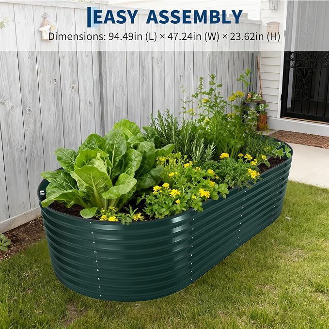 Garvee Galvanized Raised Garden Bed Large Oval Kit with Cover Zippered Screen Doors, Open Base Design, Thick Steel, Easy Assembly, Planter Box for Vegetables, Flowers (Dark Green, 8x4x2 ft)