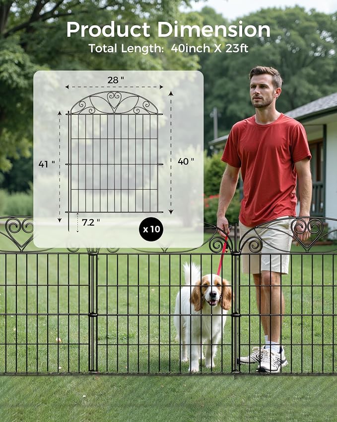 10 Panels No Dig Decorative Outdoor Garden Fence with Gate, 40 in(H) X 23.6 ft(L) Animal Barrier Fencing, Rustproof Portable Fence, Temporary Dog Fence Outdoor for Yard, Outside, Backyard