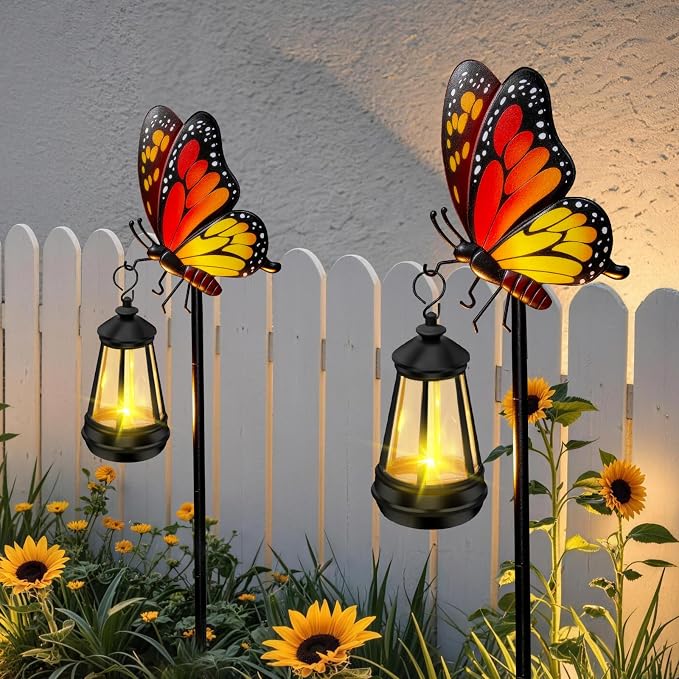 Solar Lights Outdoor Waterproof 2 Packs Butterfly Garden Decor Stakes,32.28in Garden Butterfly with Solar Lights,Birthday Gifts for Women Mom,Metal Decorative Lights for Yard Art Patio Porch Lawn
