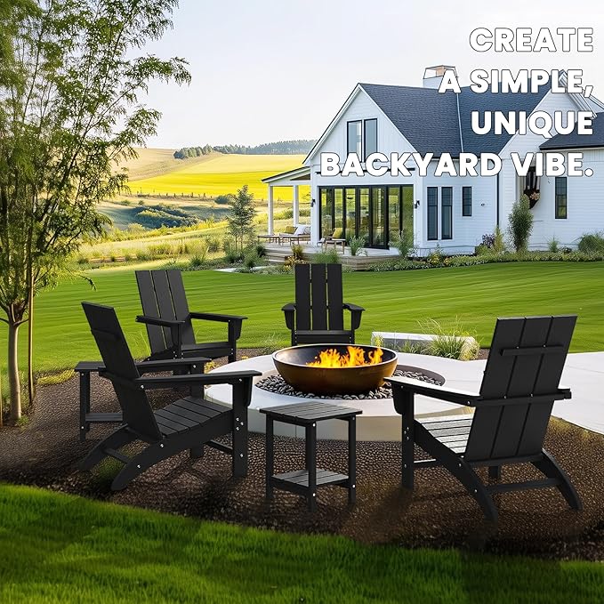 Modern Adirondack Chairs Set of 4, HDPE Plastic Patio Chairs for All Weather, Fire Pit Chair, Outdoor Lawn Chairs for Deck, Porch, Backyard, Garden, Black