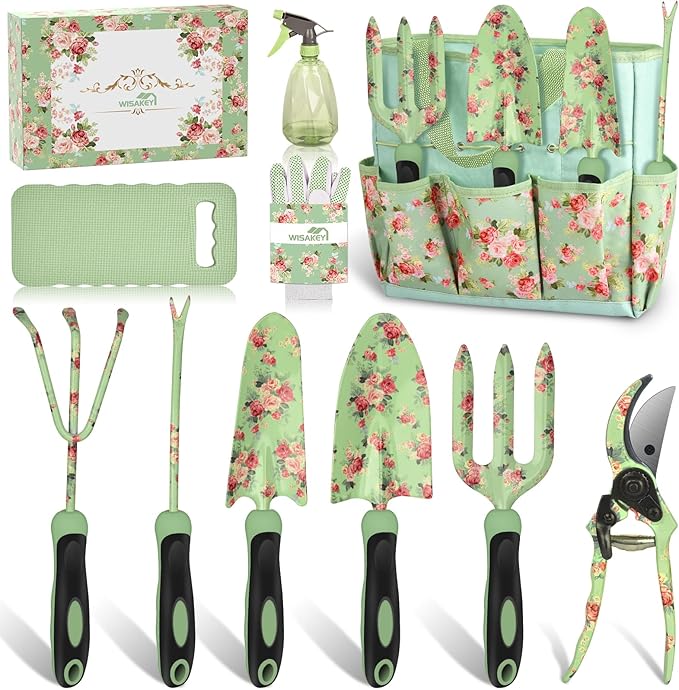 Gardening Tools, WisaKey 10 Piece Heavy Duty Garden Tools Set with Handle, Durable Fashion Garden Organizer Handbag, Ideal Gardening White Elephant Gifts Gift for Woman
