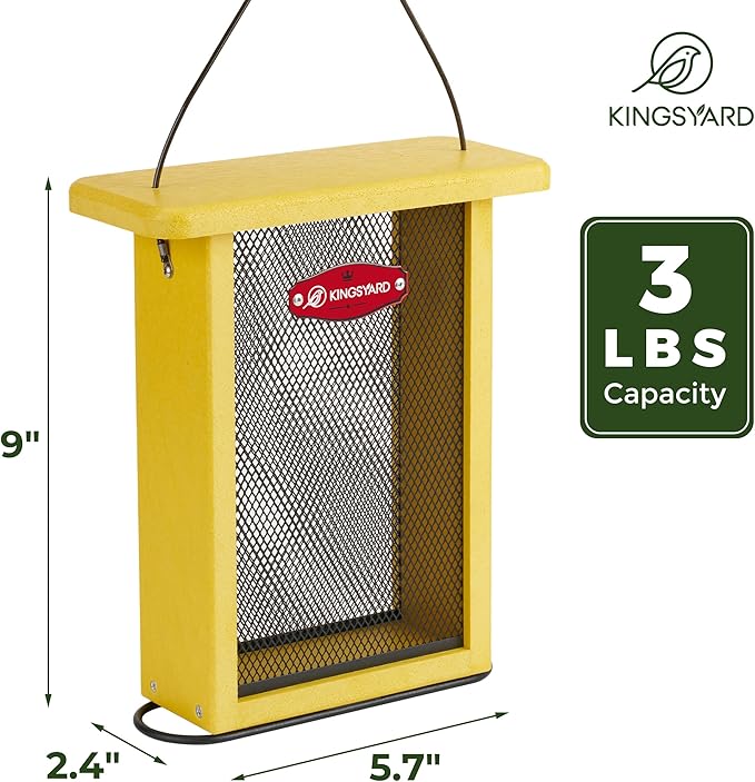 Kingsyard Finch Feeder for Outside Hanging, Metal Mesh Bird Feeders for Thistle/Nyjer Seed, Sliding Mesh & Built-in Perch, Recycled Plastic, Yellow