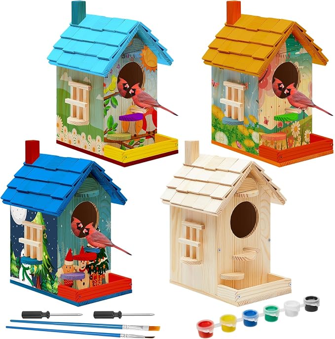 Liliful 4 Pack Wooden Bird House Kits, Build It Yourself Woodworking Kit for Adult Kids 4-8, 8-12 with Paint and Paintbrushes, Solid Weather Proof Natural Pine Wood, Pre Drilled (Modern Style)