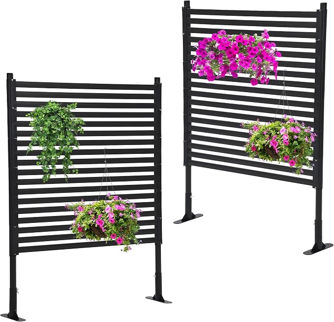 IDEALHOUSE 48"×59" Outdoor Privacy Screen, Freestanding Galvanized Steel & PE Slat Divider, 2-Way Installation Decorative Fence for Trash Can Patio Backyard Garden, Black