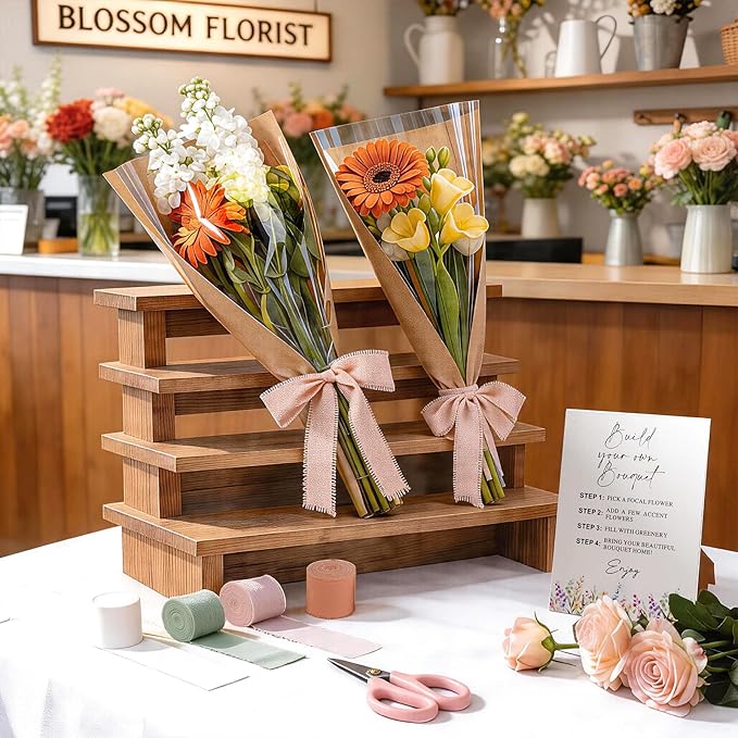 AXQMY 86 Pcs Flower Bar Supplies Include Flower Bar Sign, 80 Clear Bouquet Wrapping Bags, 2 Garden Scissors, Light Pink Green White Orange Chiffon Ribbons for Wedding, Bridal Shower, Garden Party