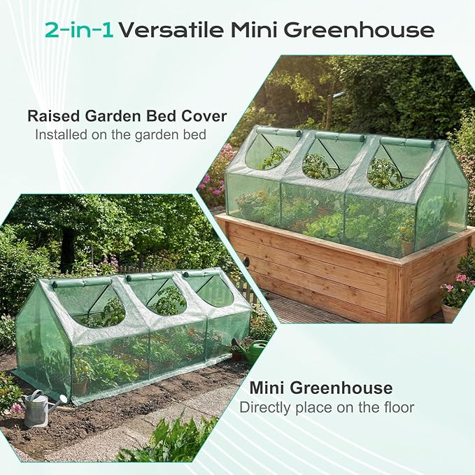 BPS 9x3x3 ft Mini Greenhouse with Green PE Cover UV-Protected Roll-Up Zipper Doors, Ideal for Indoor or Outdoor Use on Raised Garden Beds