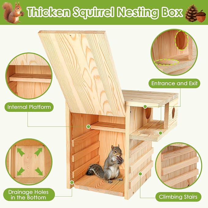 Large Squirrel House for Outside with Predator Guard, Squirrel Nesting Box with Exterior Porch, Easy Assemble Wooden Squirrel Boxes, Suitable for Gray Squirrels, Fox Squirrels, Red and Chipmunks