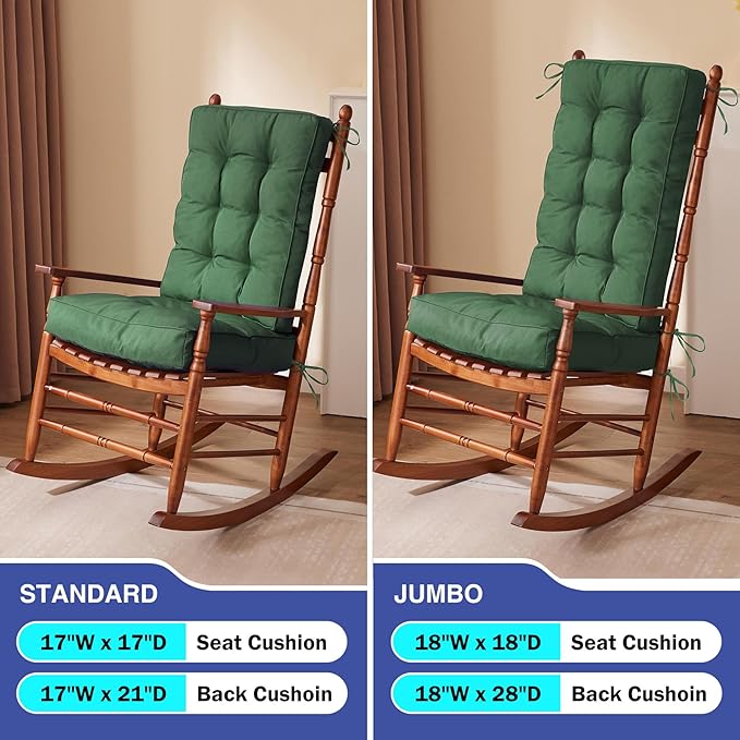 IPYNBAP Rocking Chair Cushion, Waterproof and Fade-Resistant Patio Chair Cushions, Tufted Chair Pads for Rocker Furniture, 18x18 Inch, Indoor/Outdoor Seat Cushions with Ties, Dark Green