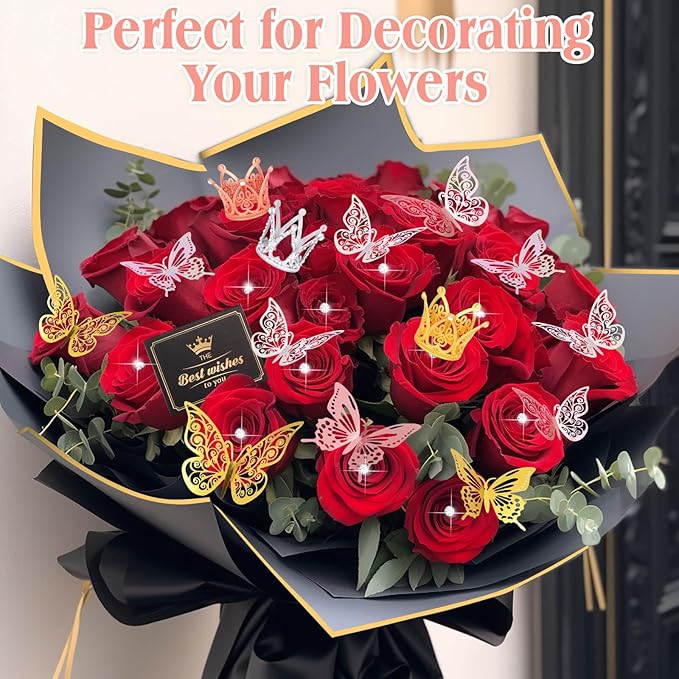 Tetutor 241 pcs Waterproof Flower Wrapping Paper,Bouquet Wrapping Paper Sheets, Floral Wrapping Paper Bouquet With Ribbons Flower Pins 3D Butterflies and Crowns for Florist Wrap