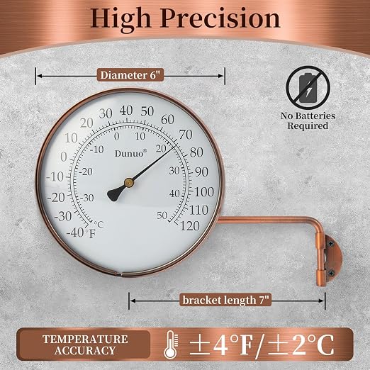 6-inch Outdoor Thermometer for Patio, Outside Analog Temperature Gauge – Weather Resistant for Garden, Home, and Greenhouse, Garage, Brass Swivel Thermometer.