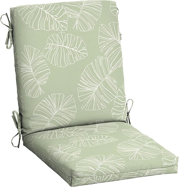 Arden Outdoor Patio Dining Chair Cushion, 20x44, Rain-Proof Seat Pad, Fade-Resistant Outdoor Cushion Coastal Green Leaf