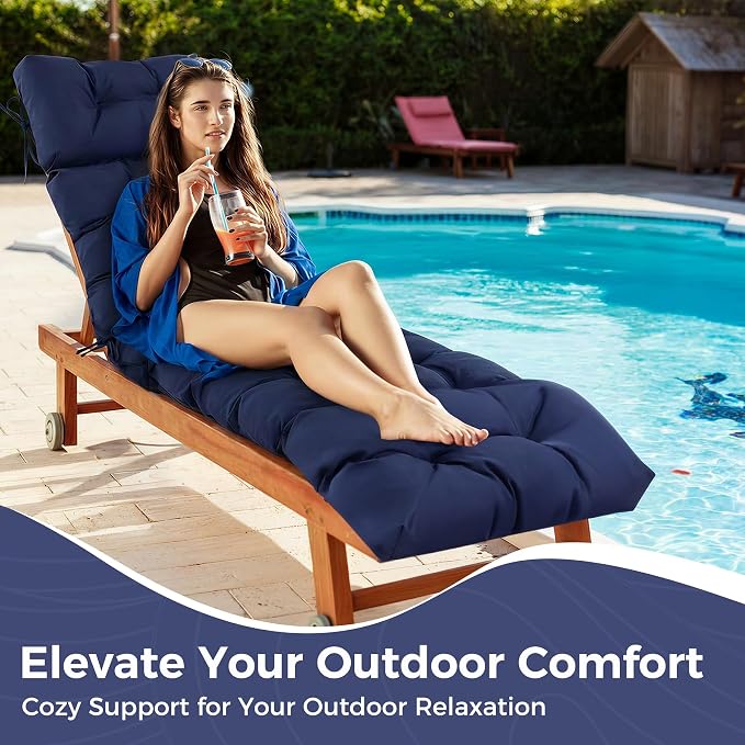 Outdoor Chaise Lounge Cushions 75.1x22.8x4.7 Inch, Waterproof Lounge Chair Cushions for Pool, Patio, Deck, Lawn, Fade Resistant Lounge Cushions for Outdoor Furniture with Ties, Navy Blue
