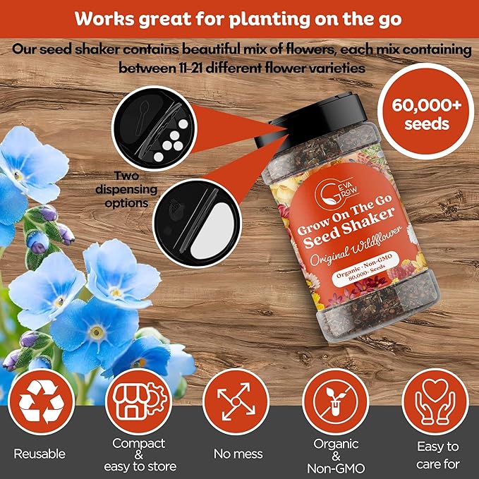 GevaGrow on the Go Seed Shaker - Western Wildflower Seeds Regional Mix - Organic, Non-GMO - 100% Pure Seed - 18 Different Wildflowers Seeds of Annual and Perennial, 2oz