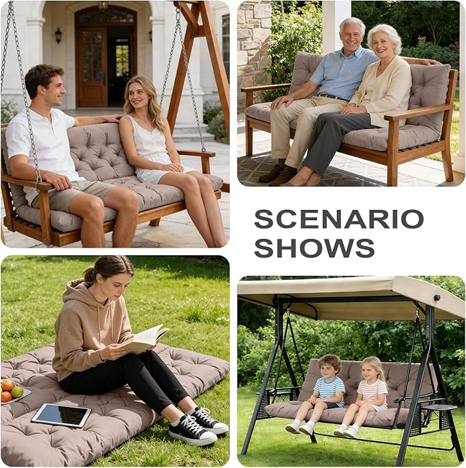Porch Swing Cushions,Outdoor Cushions 3 Seater Replacement with Backrest, Waterproof Thickened Bench Cushion with Ties for Porch, Patio,Outdoor, Backyard and Garden (Khaki 40 * 40 in)